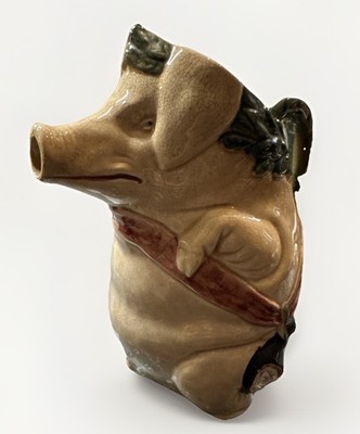 Antique French Orchies Majolica Barbotine Pig With Ham Pitcher circa 1920