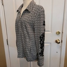 Lace appliqued Lace Jacket Black White Geometric Chicos 1 Medium Career Blazer