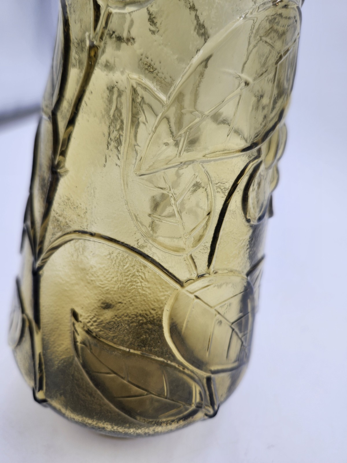 Vtg 22.75" Avocado Green Empoli Butterfly Floral Art Glass Bottle & Stopper MCM 