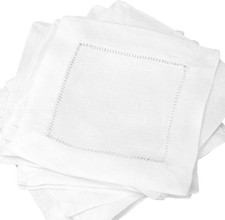  6" White Linen Hemstitch Cocktail Napkins - 12 Pack - 100% Linen