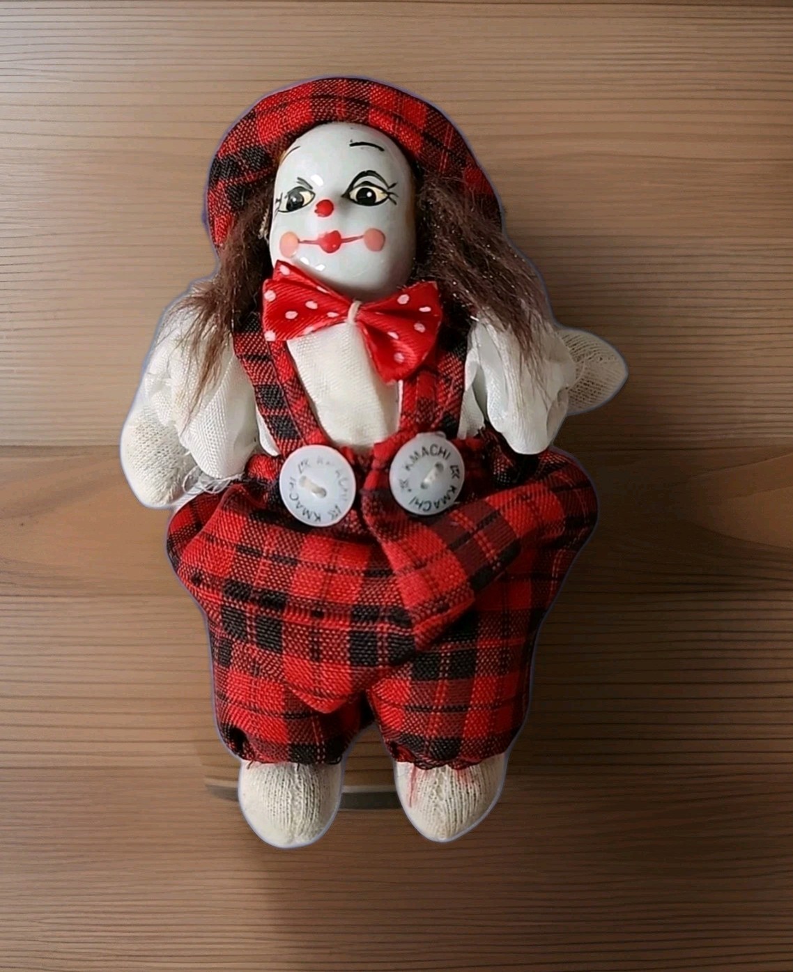 Vintage Porcelain Clown Doll KMACHI Sand Bag Body Tartan Hat & Overalls  5