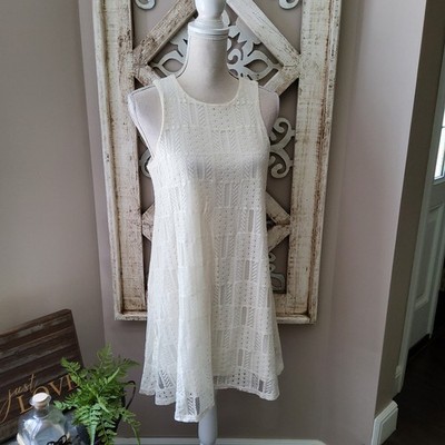 Almost Famous Women's Junior Cotton Sleeveless Lace Shift Swing Dress in Ivory