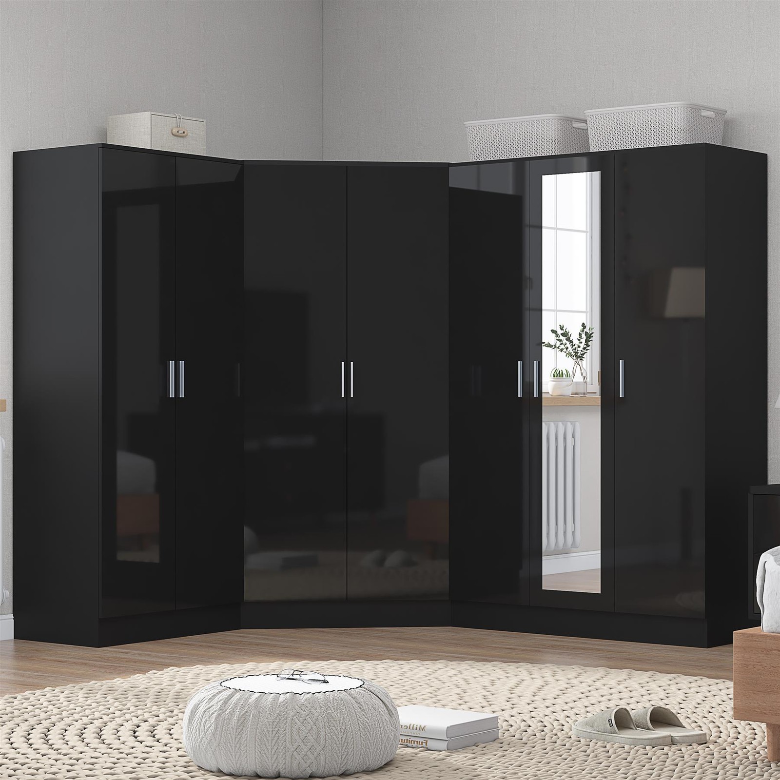 REFLECT 2 Door Corner + 3 Door +  2 Plain Door Wardrobe Bundle - Black/Black