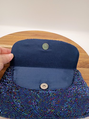 Preston & York Dark Navy Blue Iridescent Glass Beaded Evening Bag N w/o Tag - Picture 7 of 9