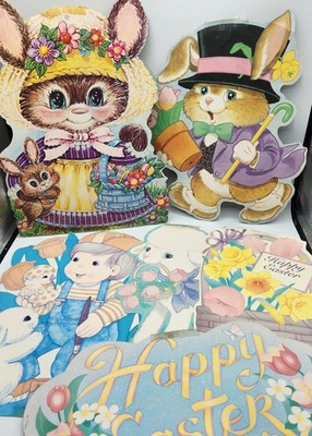 Vintage EUREKA Die Cut Out EASTER Bunny Rabbit Eggs Flowers Basket Lot of 6