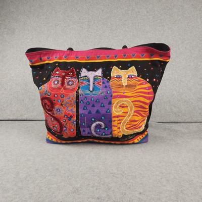 Laurel Burch Tote Bag Black Multicolor Cats Canvas Embroidered Beaded Zip LB771