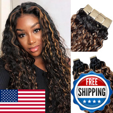 16 Inch Water Wave Ombre Tape in Hair Extensions Real Human Hair for Women Highl