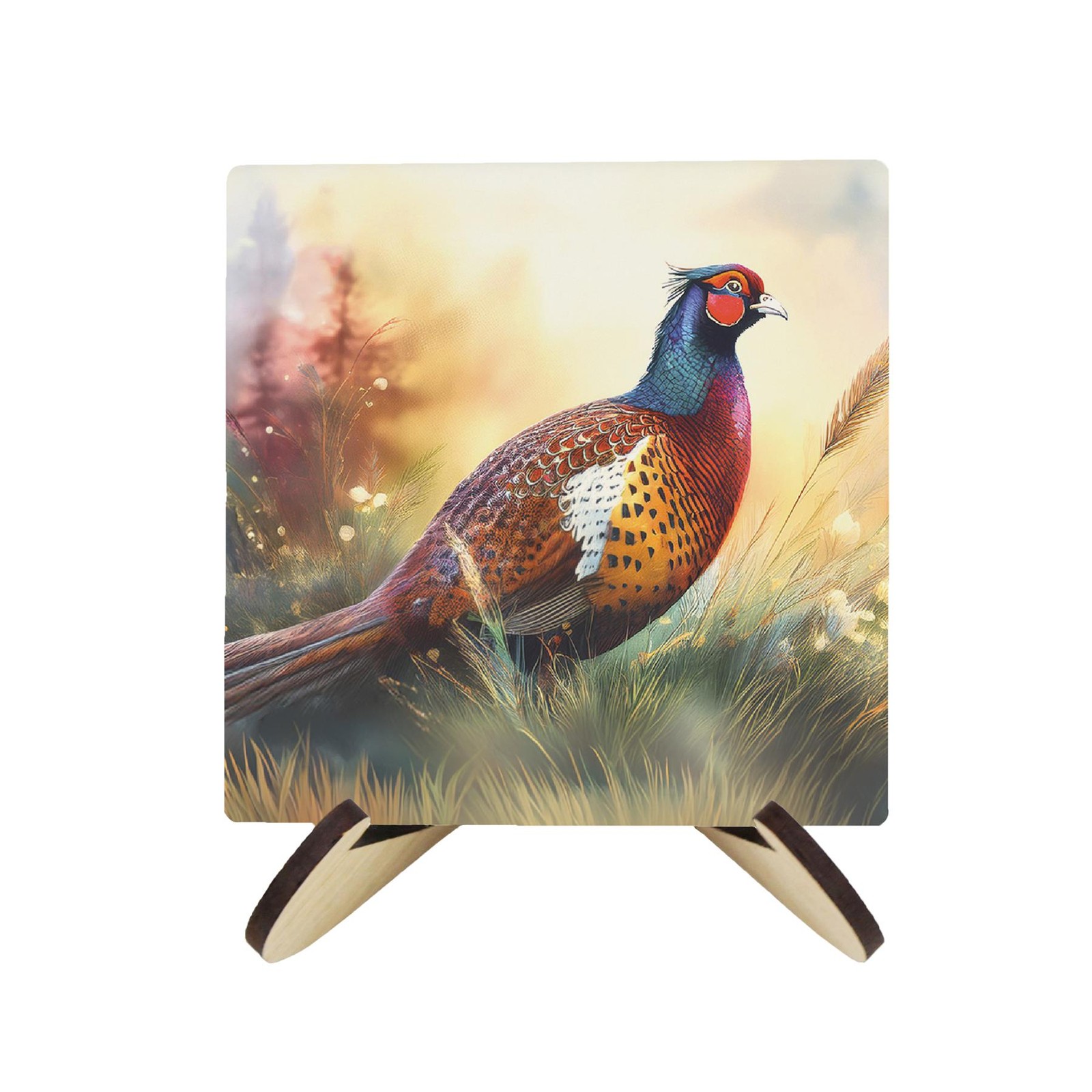 Pheasant Square Coaster Set & Stand - 4x Ceramic Drinks Coasters Gift