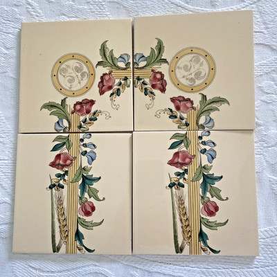 4 Vintage Hyperion Ceramic 6x6 Tiles England Poppy & Wheatsheaf Border & Corner