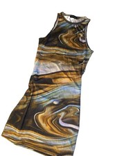 PRETTYLITTLETHING Brown/Blue/Cream Abstract Jersey Bodycon Mini Dress UK 8