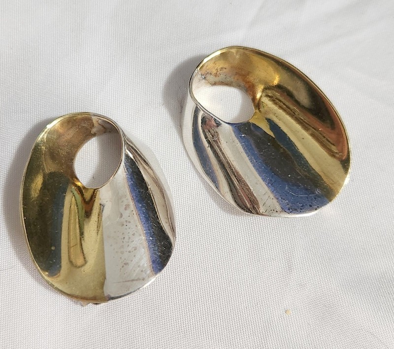 STERLING MEXICAN CLIP EARRINGS, TWO TONE GOLD TONE & STERLING 1"