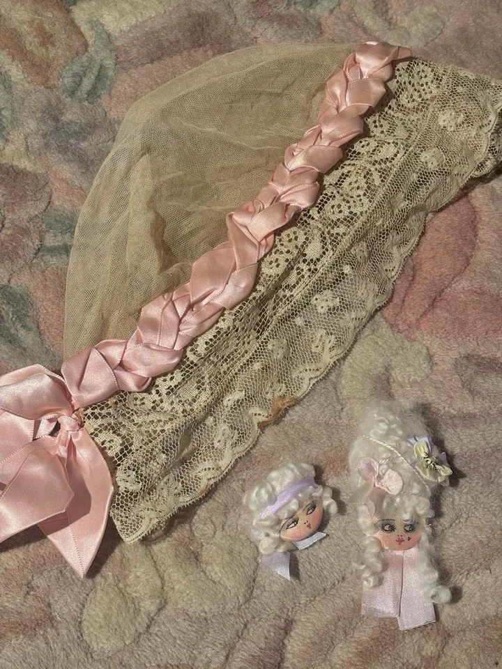 Antique Lace & Silk Ribbon Bed Cap, Blush Pink & Ivory 22” - Image 4 of 4