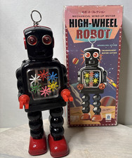 High Wheel Robot Tin Toy Japan Reprint With Box Broken Wind-Up Key Display