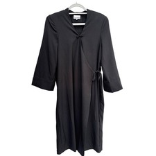 Ganni Black Wrap Midi Dress Toggle Button 3/4 Sleeve Recycled Blend Size 38