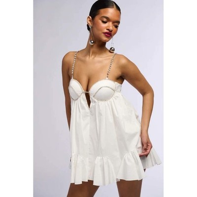 Micas White Mini Dress Rhinestone Strap Sleeveless Party Club Size M