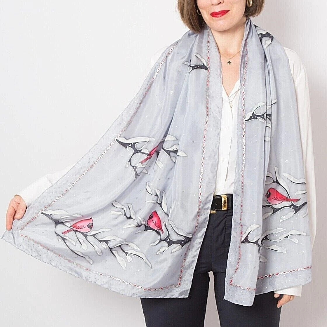 Hand Painted Pure Silk Scarf Cardinal Birds Grey Scarf Bird Scarf Winter 69X21