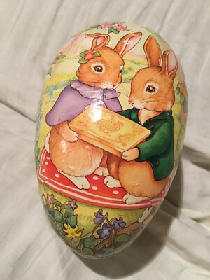 Easter Decoration, Paper Egg, Rabbits On Picnic Print, about 6  long, uneven 