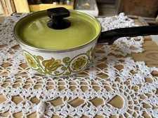 Vintage Enamel White and Green Cooking Pot with Colorful Designs