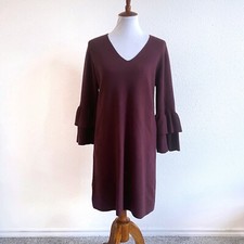 Ann Taylor Sweater Dress Womens Medium Burgundy Ruffle Sleeve Knee Length Modest