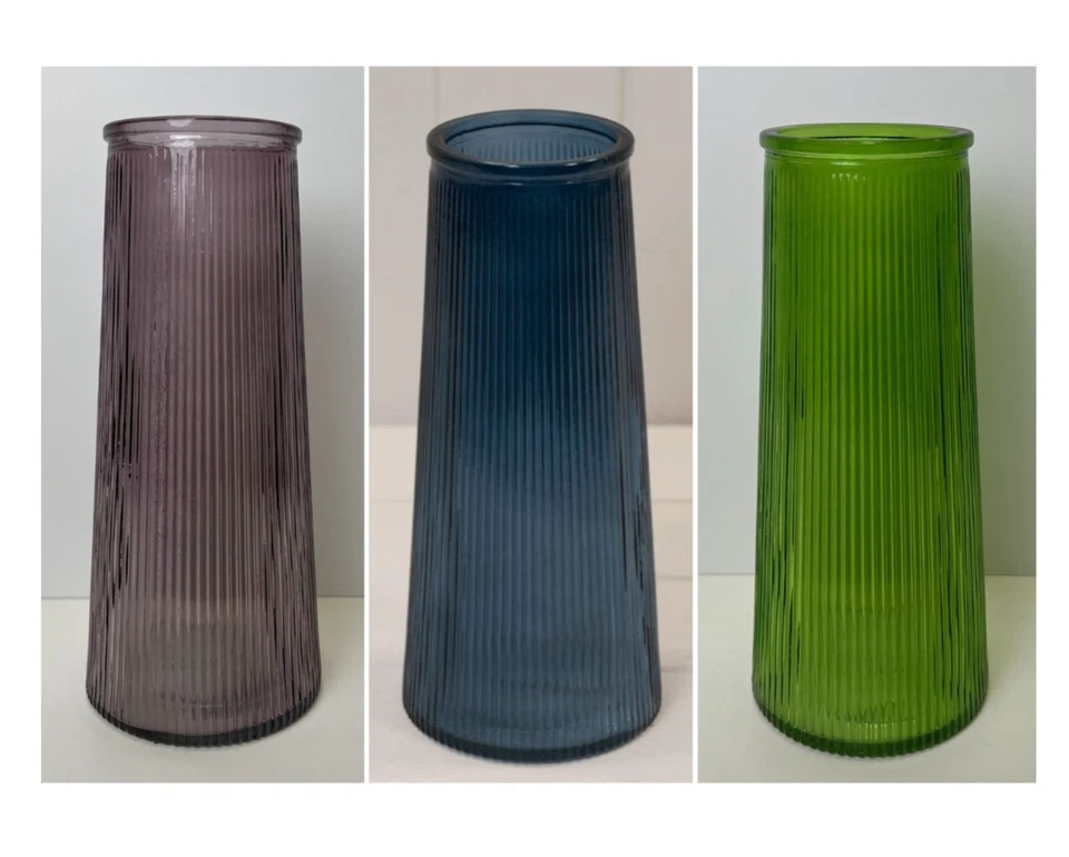SATCHVILLE GIFT COMPANY Tall Ribbed Glass Flower Vase x 22.5cm Amethyst, Emerald Green or Blue
