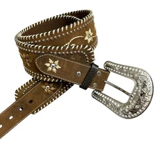 Nocona Belt Co Brown Leather Belt XL Silver Buckle Rhinestones Western Heavy