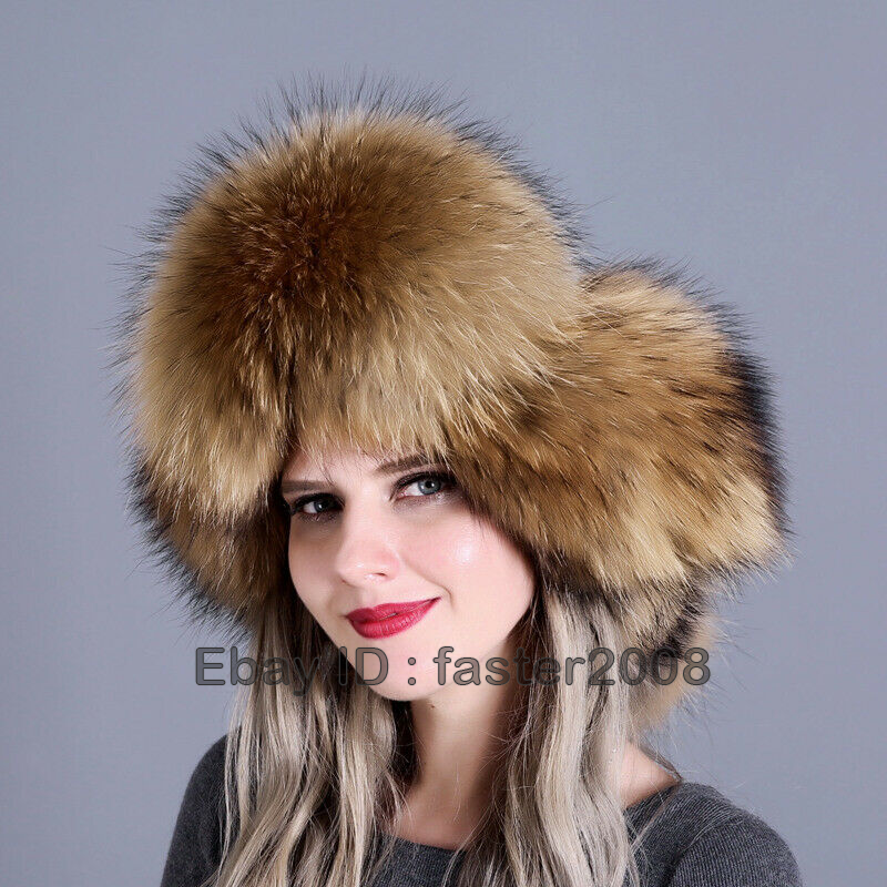 Womens Cap 100% Real Fox/Raccoon Fur Hat Ushanka Warm Winter Hat Vintage