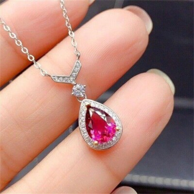 1.50Ct Pear Cut Pink Ruby Teardrop Pendant 14K White Gold Plated 18'' Free Chain