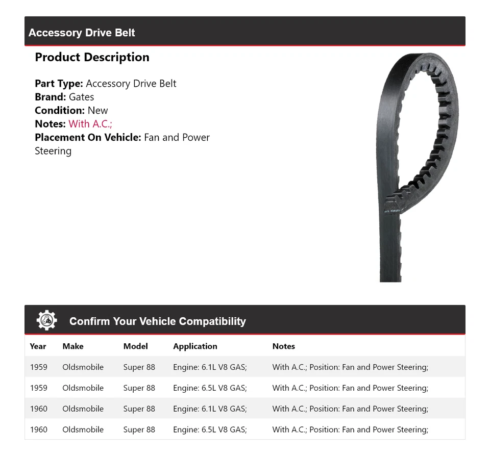 For 1959-1960 Oldsmobile Super 88 Drive Belt For Fan and Power Steering Gates - Image 2 of 4