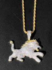 Mens Solid 925 Silver Super Two Tone CZ Rasta Lion Leo Pendant 14k Gold Plated