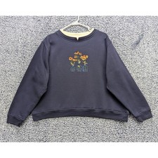 VTG Floral Embroidered Granny Sweatshirt Size LG Cottage Y2K 90s Retro Boho Blue