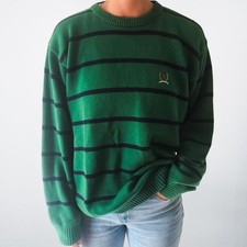 Tommy Hilfiger Vintage Green Navy Striped Cotton Knit Crewneck Sweater Large