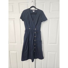 J.Crew Womens Navy Blue Cotton Button Front V-Neck Midi Dress Pockets Size 6