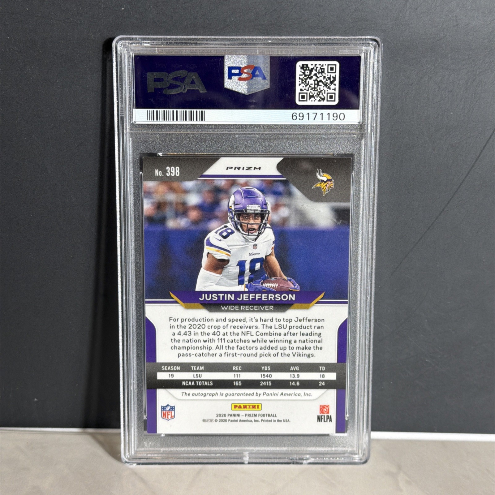 2020 Panini Prizm Justin Jefferson RC Rookie Auto Neon Green Pulsar #398 PSA 9 view 2