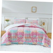 Faux Fur Comforter Set - Super Soft  Warm Plush Shaggy Bed Queen 02 Tie-dye