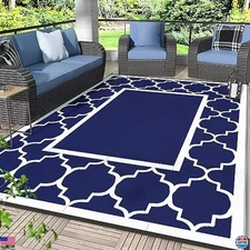 GENIMO 6' x 9' Waterproof Reversible Outdoor Rug - Blue & White Mat for Patio,