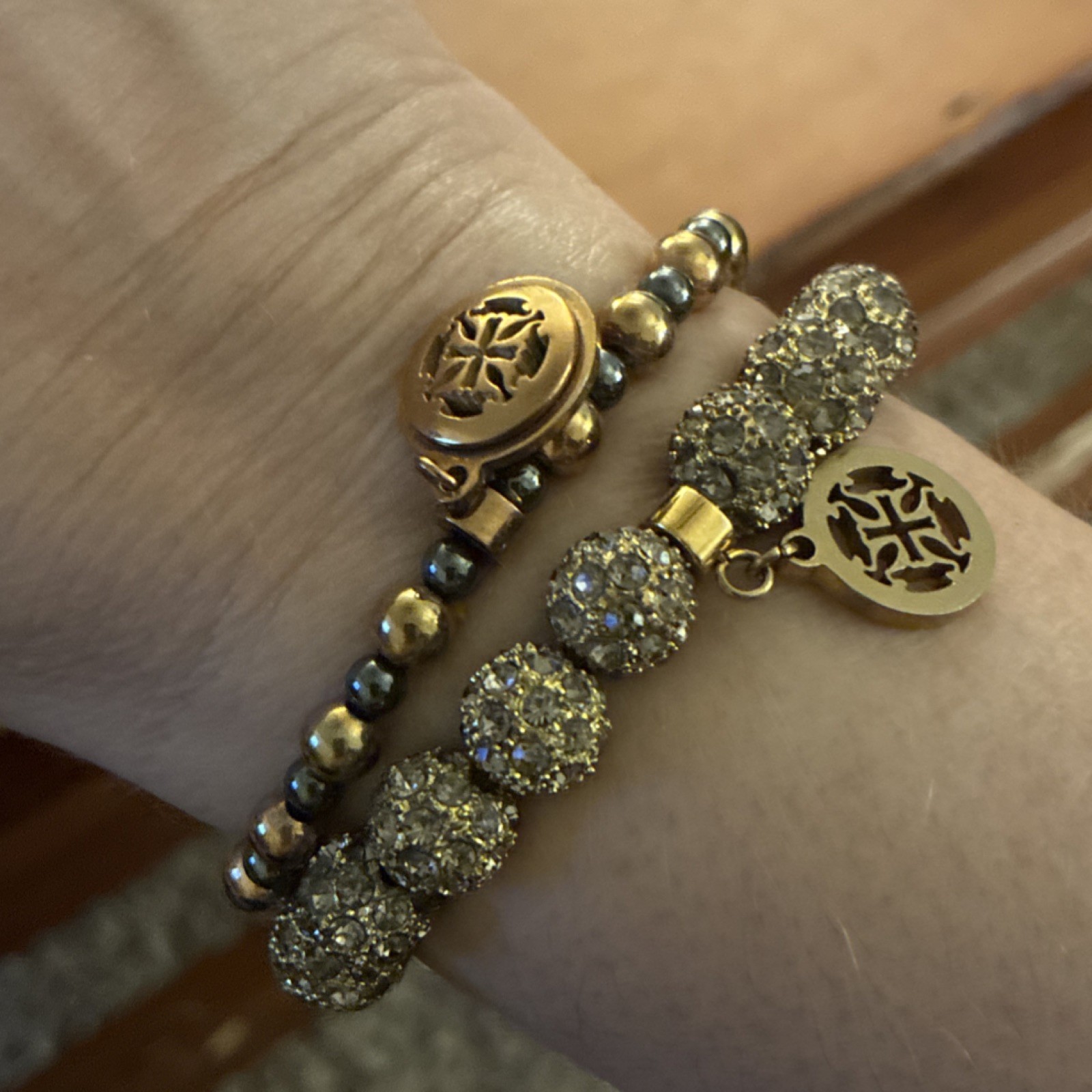 Rustic Cuff Bracelet stack-Crystal Pave & Gold Be… - image 2