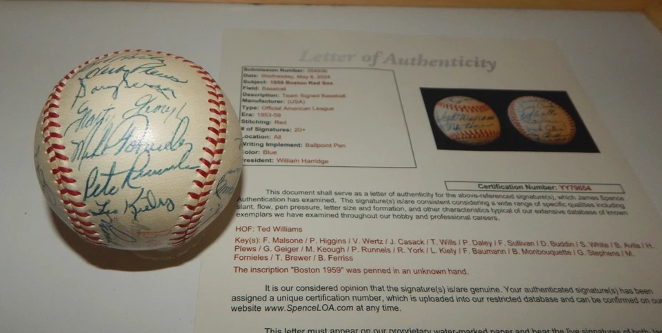 TED WILLIAMS Signed Autographed 1959 Boston Red Sox Team Baseball JSA Letter - Image 3 of 4