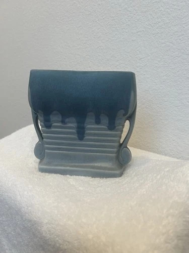 Vintage Roseville Pottery Blue Planter Vase Ribbed Art Deco Handles Matte Glaze