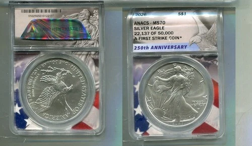 2026 AMERICAN SILVER EAGLE 1 OUNCE .999 FINE COIN ANACS MS70 FS 7899T