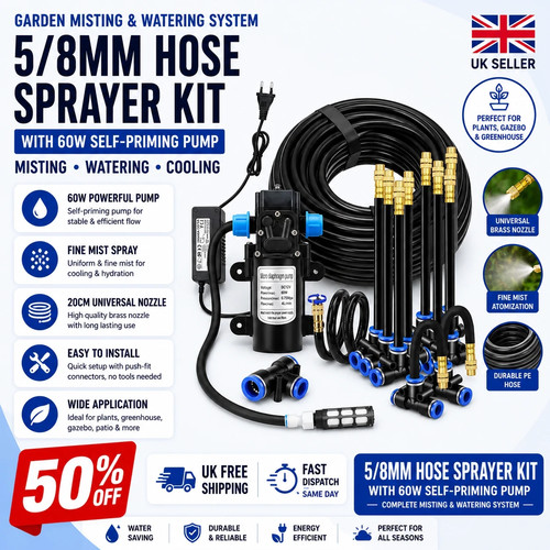 Drip Irrigation System Kit 10-25M Garden Misting Hose Cooling 60W Pump UK