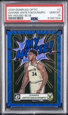 2020 PANINI DONRUSS OPTIC MY HOUSE! BLUE #2 GIANNIS ANTETOKOUNMPO 55/85 PSA 10