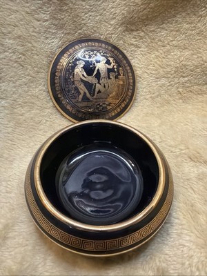 Rare Exquisite VTG Fakiolas Black 24K Gold Trinket Bowl Hand Made in Greece