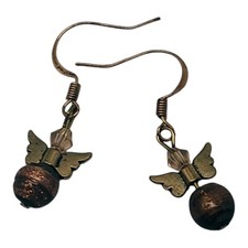Dangle Earrings Brown Ball Gold Speckles Butterfly Angel