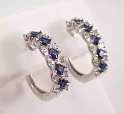 3.30Ctw Princess Cut Lab Created Blue Sapphire Hoop Earrings 14K White Gold Over