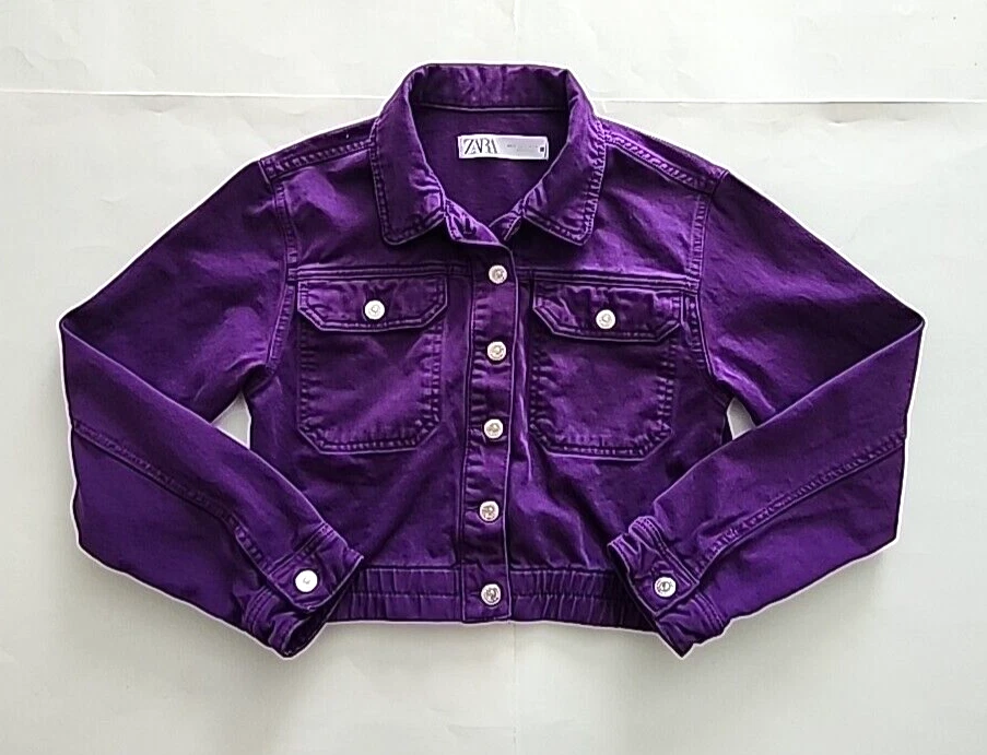 Zara Purple Denim Jacket Cropped Jean Elastic Bottom Long Sleeve Wmn Sz SM  | eBay