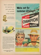1953 Champion Spark Plugs Vintage Print Ad Car Convertible Auto Summer Drive USA