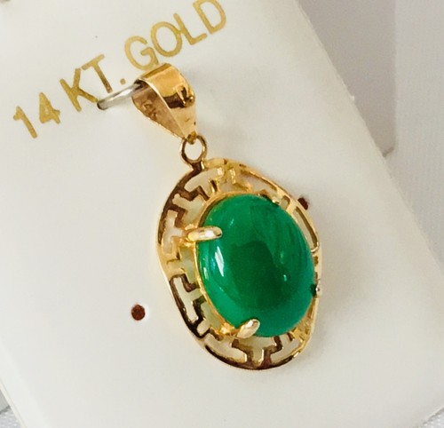 Solid 14K Yellow Gold Oval Jade Scroll Design Pendant for Necklace NEW - Picture 3 of 5