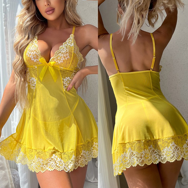 Yellow Sexy Women Slip Dress Sets Teddy Babydoll Lingerie Sleepwear G-string L
