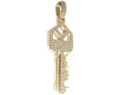 2Ct Round Cut VVS1/D Diamond Key Shape Pendant 14K Yellow Gold Finish