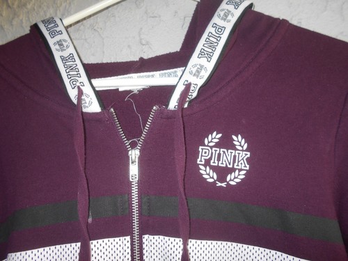 PINK Victoria's Secret Women's Hoodie Jacket Burgundy /White - Picture 3 of 3